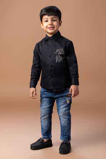 Buy_Little Brats_Black Cotton Bird Placement Embroidered Shirt 