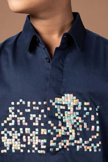 Little Brats_Blue Cotton Box Placement Embroidered Shirt _Online_at_Aza_Fashions