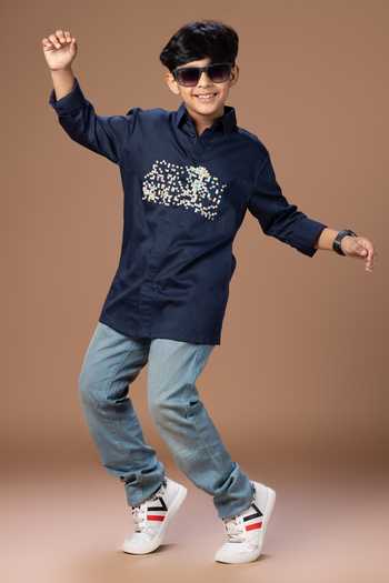 Buy_Little Brats_Blue Cotton Box Placement Embroidered Shirt _Online_at_Aza_Fashions
