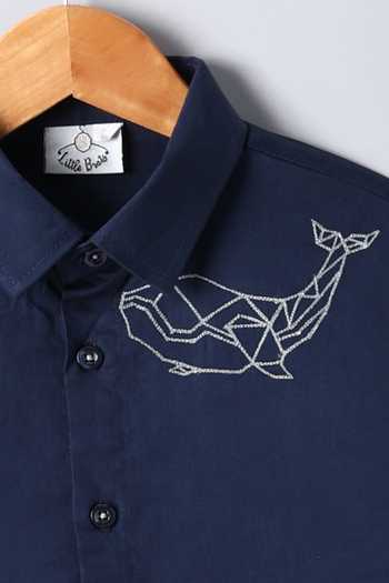 Buy_Little Brats_Blue Cotton Whale Placement Embroidered Shirt _Online_at_Aza_Fashions