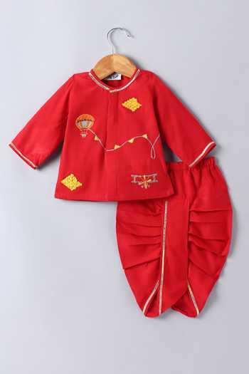 Little Brats_Red Cotton Embroidery, Gota Patti Placement Kurta And Dhoti Pant Set _Online_at_Aza_Fashions