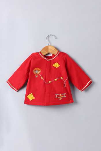Shop_Little Brats_Red Cotton Embroidery, Gota Patti Placement Kurta And Dhoti Pant Set _Online_at_Aza_Fashions