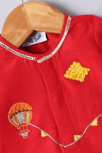 Buy_Little Brats_Red Cotton Embroidery, Gota Patti Placement Kurta And Dhoti Pant Set 