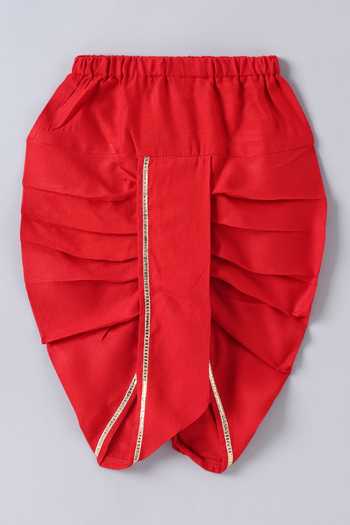 Shop_Little Brats_Red Cotton Embroidery, Gota Patti Placement Kurta And Dhoti Pant Set 