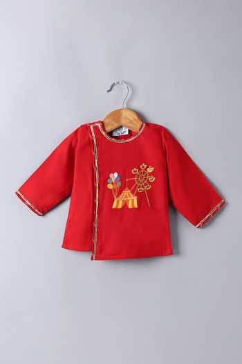 Little Brats_Red Cotton Embroidery Carnival Kurta And Dhoti Pant Set _Online_at_Aza_Fashions
