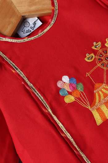 Buy_Little Brats_Red Cotton Embroidery Carnival Kurta And Dhoti Pant Set 