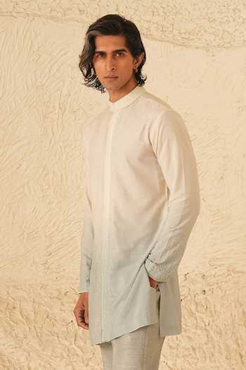 Buy_Shreyansh Designs_Blue Silk, Cotton Elric Ombre Kurta And Pant Set _Online_at_Aza_Fashions
