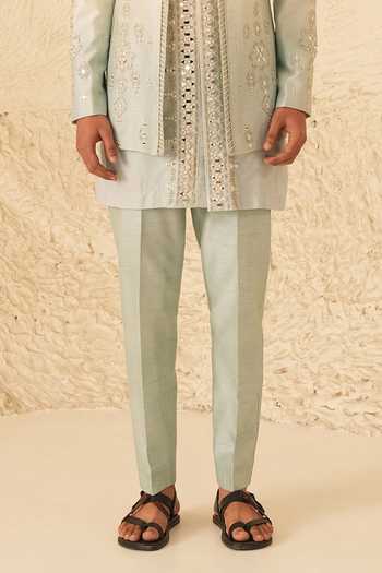 Shreyansh Designs_Blue Silk, Dupion Embroidery, Mirrors Zoren Bandhgala And Kurta Set _Online_at_Aza_Fashions