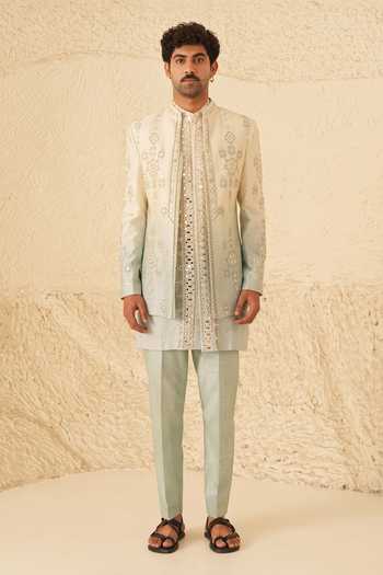 Buy_Shreyansh Designs_Blue Silk, Dupion Embroidery, Mirrors Zoren Bandhgala And Kurta Set _Online_at_Aza_Fashions