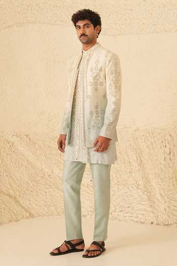 Shop_Shreyansh Designs_Blue Silk, Dupion Embroidery, Mirrors Zoren Bandhgala And Kurta Set _Online_at_Aza_Fashions