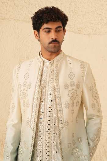 Shreyansh Designs_Blue Silk, Dupion Embroidery, Mirrors Zoren Bandhgala And Kurta Set _at_Aza_Fashions