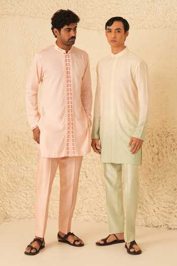 Shop_Shreyansh Designs_Pink Silk, Cotton Cillian Kurta And Pant Set _Online_at_Aza_Fashions