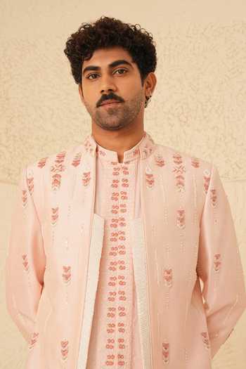 Buy_Shreyansh Designs_Pink Silk, Dupion Beads, Metallic Thread Cornel Embroidered Bandhgala Set _Online_at_Aza_Fashions
