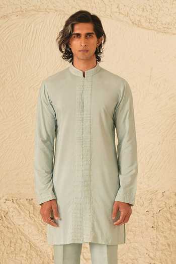 Buy_Shreyansh Designs_Blue Silk, Cotton Aurel Pearl Hand Embroidered Kurta Set _Online_at_Aza_Fashions