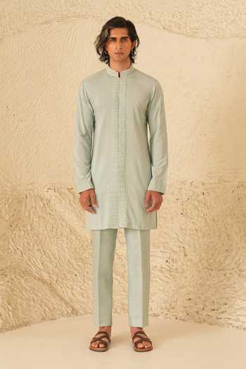 Shop_Shreyansh Designs_Blue Silk, Cotton Aurel Pearl Hand Embroidered Kurta Set _Online_at_Aza_Fashions