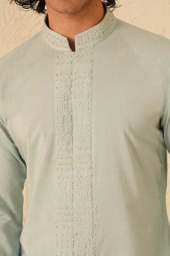 Shreyansh Designs_Blue Silk, Cotton Aurel Pearl Hand Embroidered Kurta Set _at_Aza_Fashions