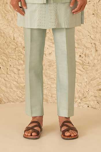 Shreyansh Designs_Blue Silk, Dupion Pearls Zoren Embroidered Bandhgala And Kurta Set _Online_at_Aza_Fashions