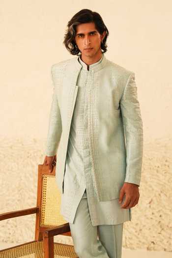 Buy_Shreyansh Designs_Blue Silk, Dupion Pearls Zoren Embroidered Bandhgala And Kurta Set _Online_at_Aza_Fashions