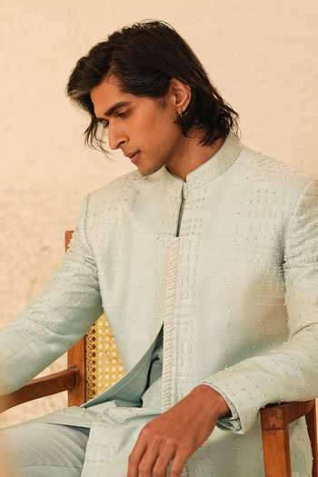 Shop_Shreyansh Designs_Blue Silk, Dupion Pearls Zoren Embroidered Bandhgala And Kurta Set _Online_at_Aza_Fashions