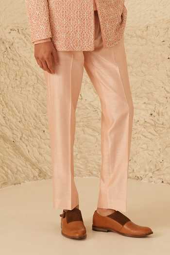 Shreyansh Designs_Pink Dupion, Silk Embroidery Lenardo Jharokha Bandhgala Set _Online_at_Aza_Fashions