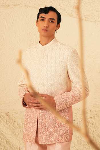 Buy_Shreyansh Designs_Pink Dupion, Silk Embroidery Lenardo Jharokha Bandhgala Set _Online_at_Aza_Fashions