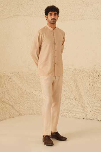 Buy_Shreyansh Designs_Rose Gold Silk, Cotton Orik Button Down Shirt And Pant Set _Online_at_Aza_Fashions