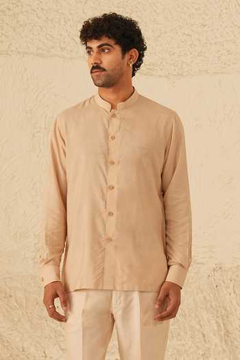 Shop Shreyansh Designs Rose Gold Silk, Cotton Orik Button Down Shirt And Pant Set Online at Aza Fashions Shop_Shreyansh Designs_Rose Gold Silk, Cotton Orik Button Down Shirt And Pant Set _Online_at_Aza_Fashions