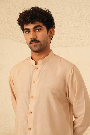 Shreyansh Designs_Rose Gold Silk, Cotton Orik Button Down Shirt And Pant Set _at_Aza_Fashions