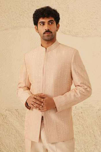Buy_Shreyansh Designs_Rose Gold Silk, Dupion Embroidery, Pearls Saverio Bandhgala Set _Online_at_Aza_Fashions