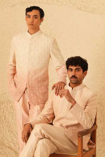 Shop_Shreyansh Designs_Rose Gold Silk, Dupion Embroidery, Pearls Saverio Bandhgala Set _Online_at_Aza_Fashions