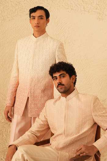 Shreyansh Designs_Rose Gold Silk, Dupion Embroidery, Pearls Saverio Bandhgala Set _at_Aza_Fashions