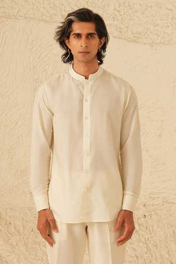 Buy_Shreyansh Designs_Ivory Silk, Cotton Oberon Button Down Kurta And Pant Set _Online_at_Aza_Fashions