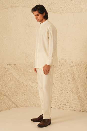 Shop_Shreyansh Designs_Ivory Silk, Cotton Oberon Button Down Kurta And Pant Set _Online_at_Aza_Fashions
