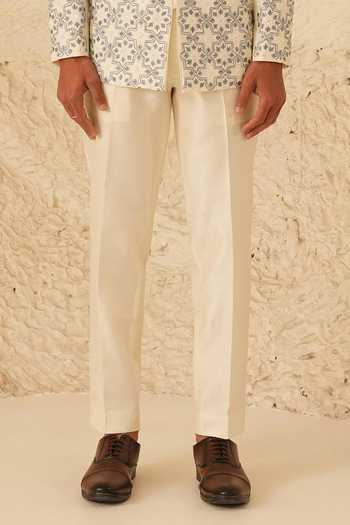 Shreyansh Designs_Ivory Silk, Dupion Embroidery, Pearls Eryx Bandhgala Set _Online_at_Aza_Fashions