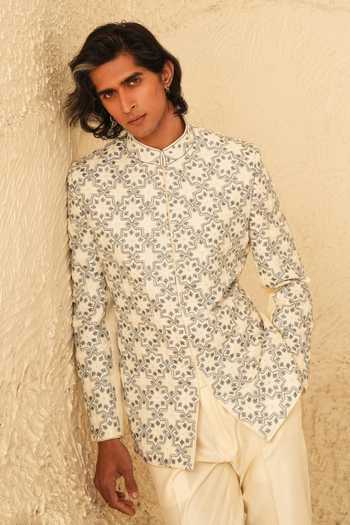 Buy_Shreyansh Designs_Ivory Silk, Dupion Embroidery, Pearls Eryx Bandhgala Set _Online_at_Aza_Fashions