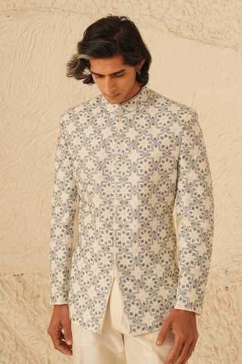 Shop_Shreyansh Designs_Ivory Silk, Dupion Embroidery, Pearls Eryx Bandhgala Set _Online_at_Aza_Fashions
