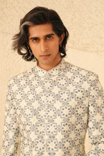 Shreyansh Designs_Ivory Silk, Dupion Embroidery, Pearls Eryx Bandhgala Set _at_Aza_Fashions