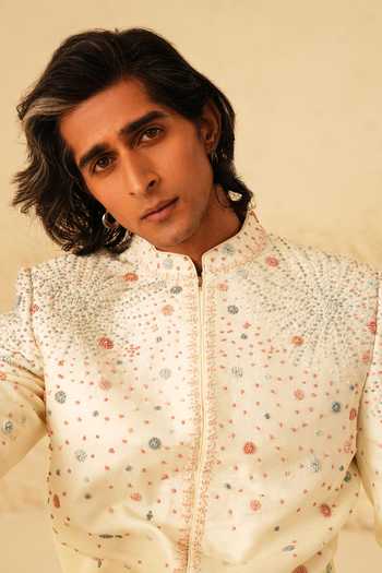 Buy_Shreyansh Designs_Ivory Silk, Dupion Embroidery Maksim Hand Bandhgala Set _Online_at_Aza_Fashions