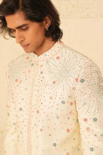 Shop_Shreyansh Designs_Ivory Silk, Dupion Embroidery Maksim Hand Bandhgala Set _Online_at_Aza_Fashions