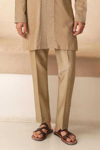 Shreyansh Designs_Gold Silk, Cotton Ivans Embroidered Kurta Set _Online_at_Aza_Fashions