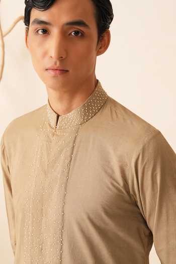 Buy_Shreyansh Designs_Gold Silk, Cotton Ivans Embroidered Kurta Set _Online_at_Aza_Fashions
