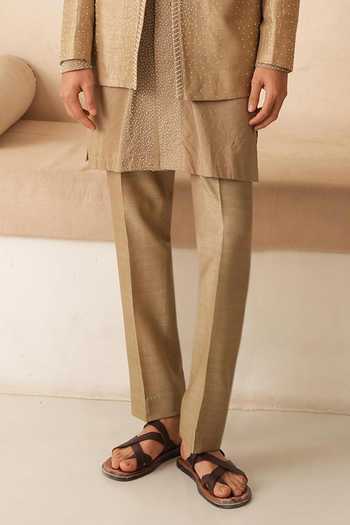 Shreyansh Designs_Gold Silk, Dupion Beads Work Bandhgala And Kurta Set _Online_at_Aza_Fashions
