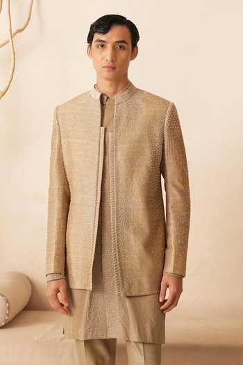 Buy_Shreyansh Designs_Gold Silk, Dupion Beads Work Bandhgala And Kurta Set _Online_at_Aza_Fashions