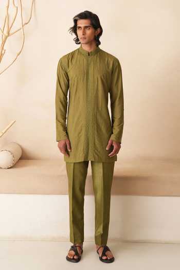 Shop_Shreyansh Designs_Green Silk, Cotton Egor Beaded Embroidered Kurta Set _Online_at_Aza_Fashions