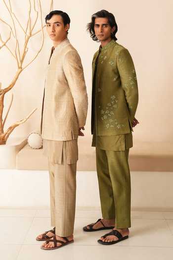 Shop_Shreyansh Designs_Green Silk, Dupion Embroidery, Beads Floral Bandhgala And Kurta Set _Online_at_Aza_Fashions