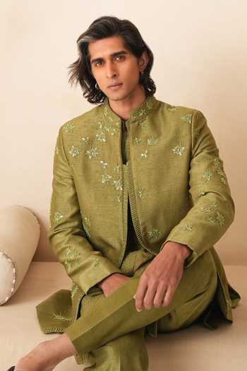 Shreyansh Designs_Green Silk, Dupion Embroidery, Beads Floral Bandhgala And Kurta Set _at_Aza_Fashions