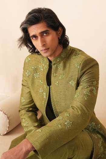 Buy_Shreyansh Designs_Green Silk, Dupion Embroidery, Beads Floral Bandhgala And Kurta Set 
