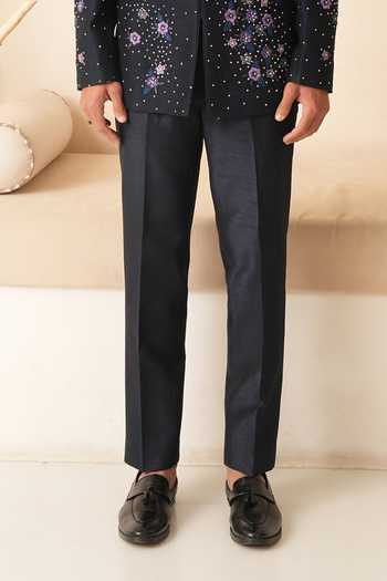 Shreyansh Designs_Blue Dupion, Silk Embroidery Ruslan Bandhgala Set _Online_at_Aza_Fashions