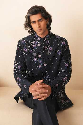 Buy_Shreyansh Designs_Blue Dupion, Silk Embroidery Ruslan Bandhgala Set _Online_at_Aza_Fashions