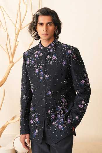 Shop_Shreyansh Designs_Blue Dupion, Silk Embroidery Ruslan Bandhgala Set _Online_at_Aza_Fashions